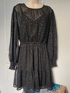 Lauren Conrad Black Gold Polka Dot Dress XL Sheer Long Sleeve Tiered Mini
